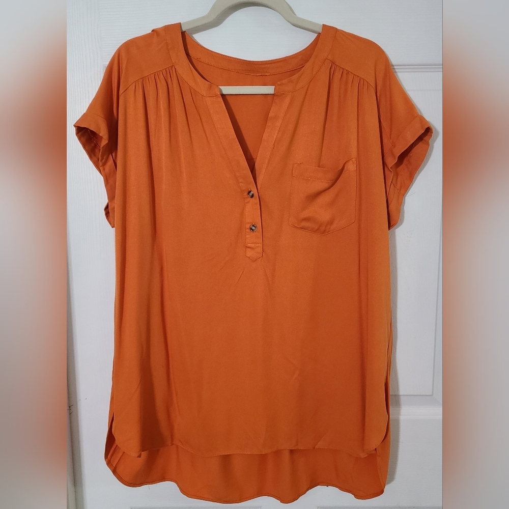 Womens XL Pullover V-Neck Tangerine Orange Cap Sleeve Top Tunice High / Low